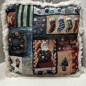Vintage Christmas Tapestry Patchwork Pillow Fringe 16 X 16